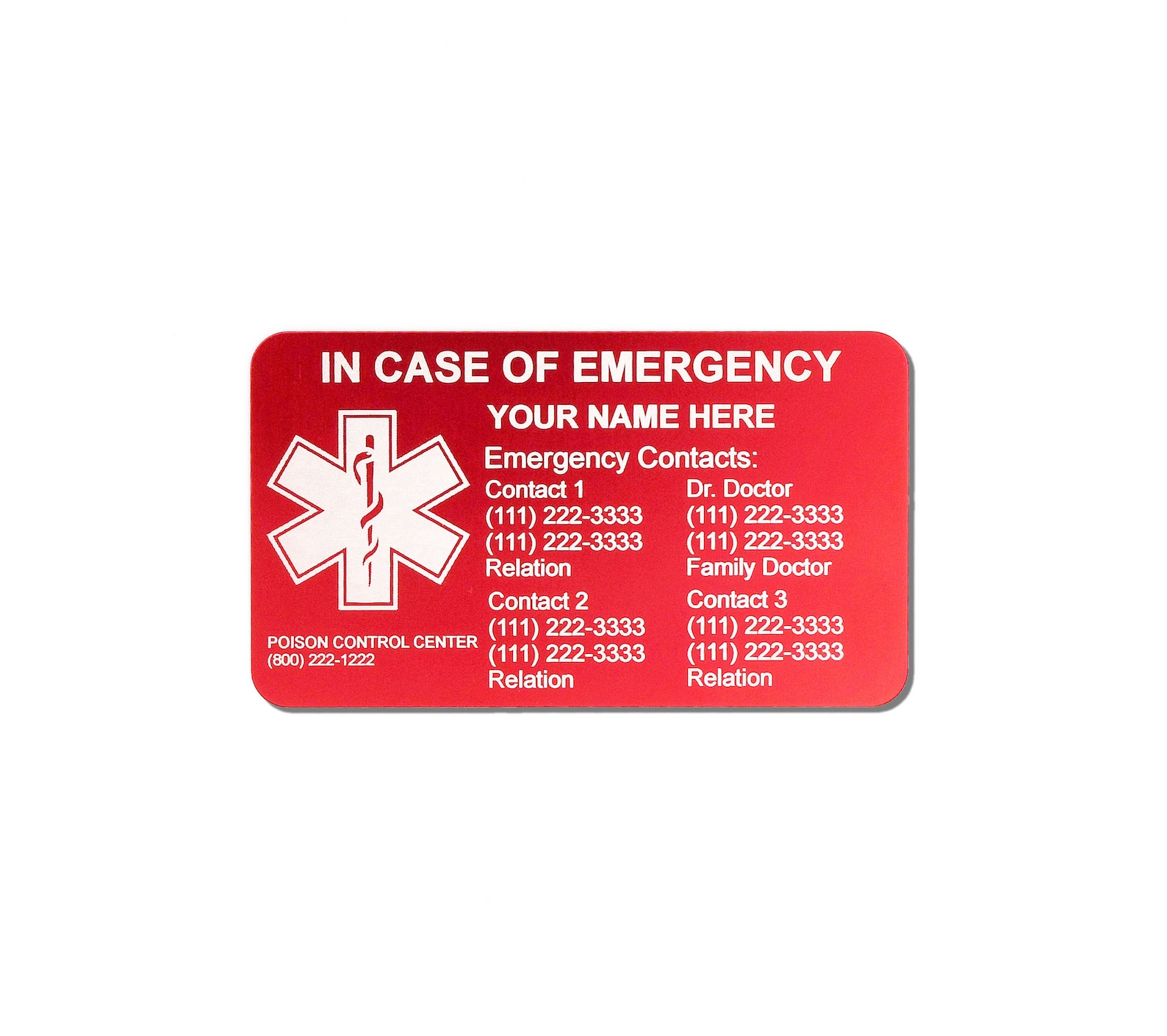 I.C.E. Card, Emergency Card, Anodized Aluminum, in Case of Emergency