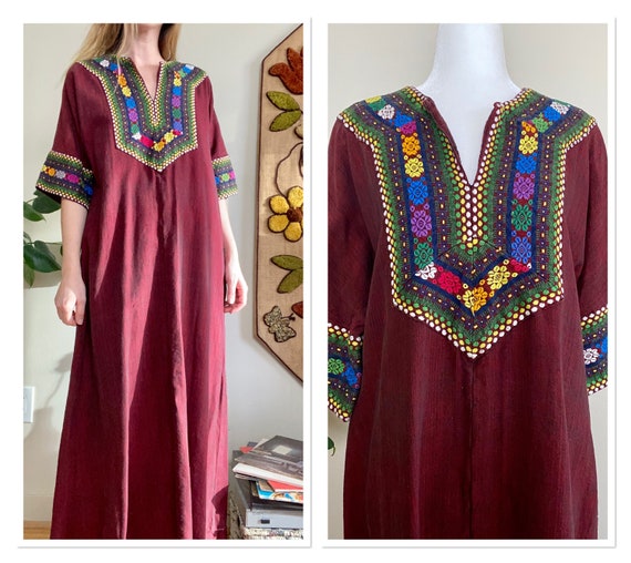 60s/70s Maroon Caftan with Colourful Embroidery