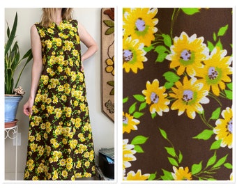 1970s Poly Brown Maxi Dress with Sunflower Print