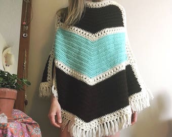 1970s blue and brown knit poncho • Vintage • 70's • Boho • Hippie • Retro • Knit • Women's Vintage • Sweater • Fringe • Cute •
