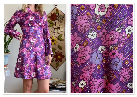 1960s/1970s Pink and Purple Flower Power Print Lon