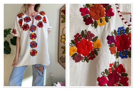 Vintage Floral Embroidered Cotton Blouse Tunic Top