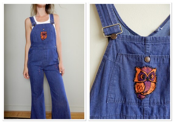1970s Sears Flared Denim Overalls with Owl Patch