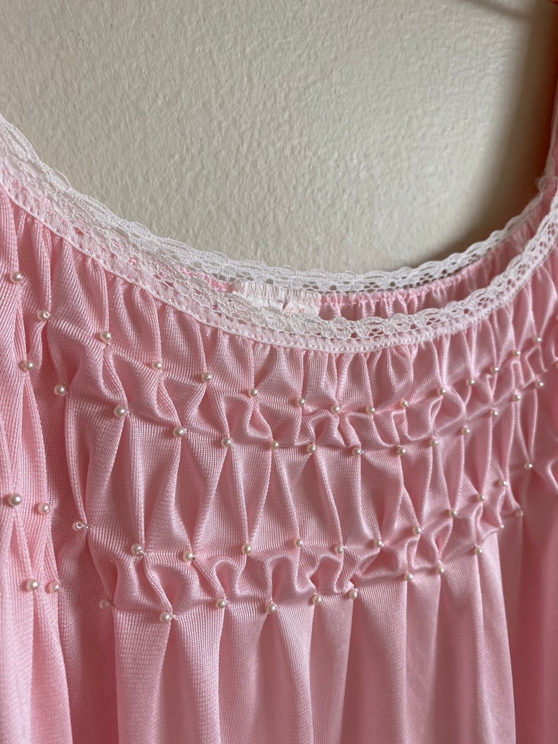 1970s Pink Maxi Nightgown with Pearl Beading and Flutter Sleeves
