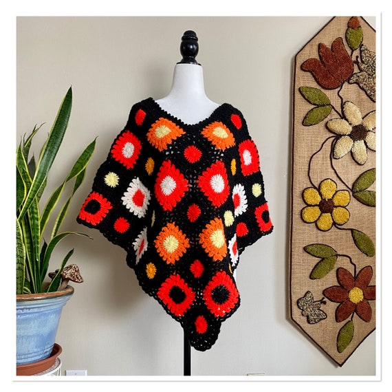 Orange Red and Black Granny Square Crochet Poncho