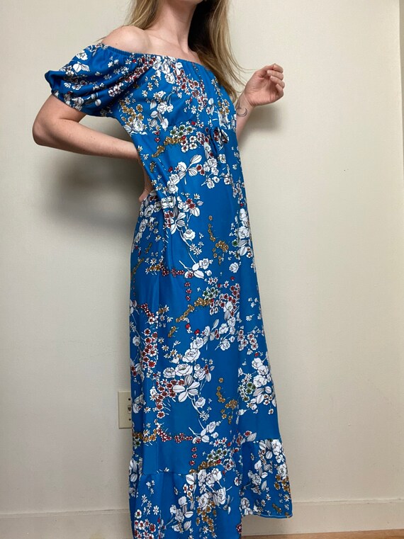 1970s Off the Shoulder Blue Floral Maxi Dress - image 3