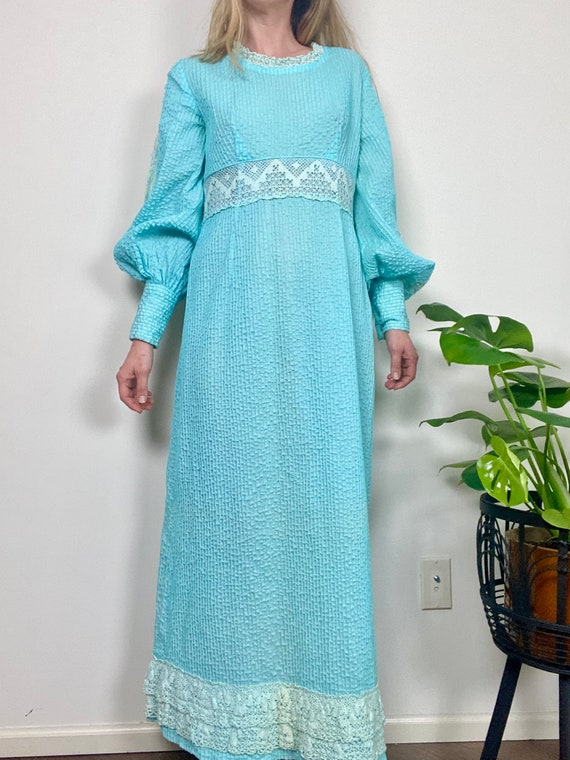 1970s Light Blue Mexican Pintuck Long Sleeve Maxi… - image 5