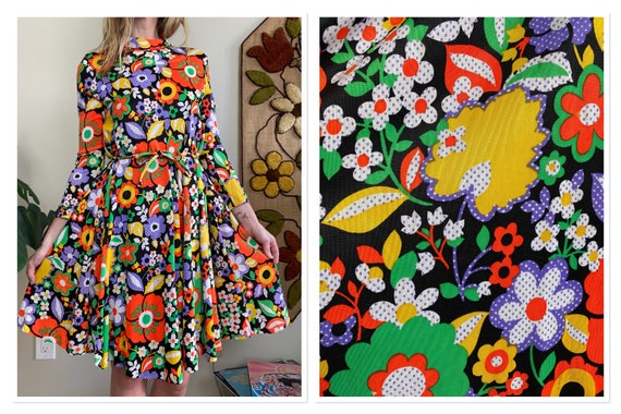 1970s Technicolor Flower Power Print Tent Dress