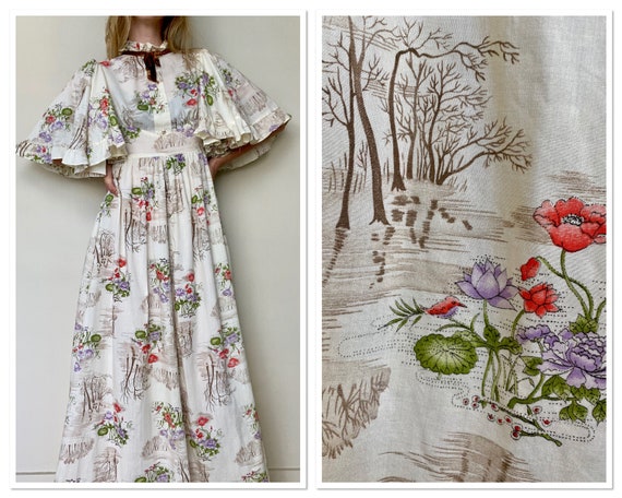 1970s Made in England Prairie Victorian Maxi Dress
