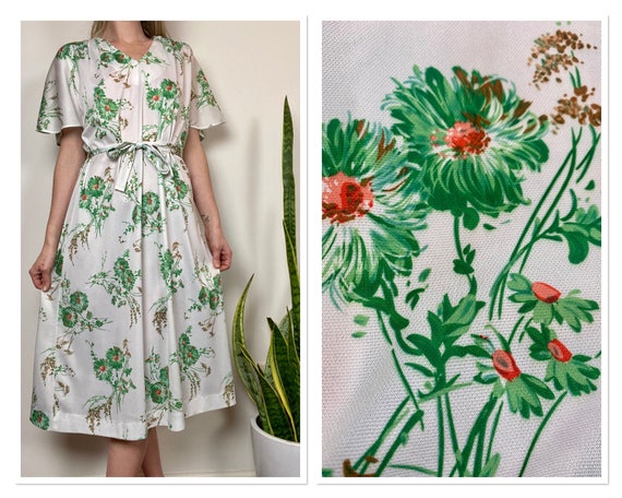 1970s Deadstock Ina Carol Green Floral Midi Dress - image 1