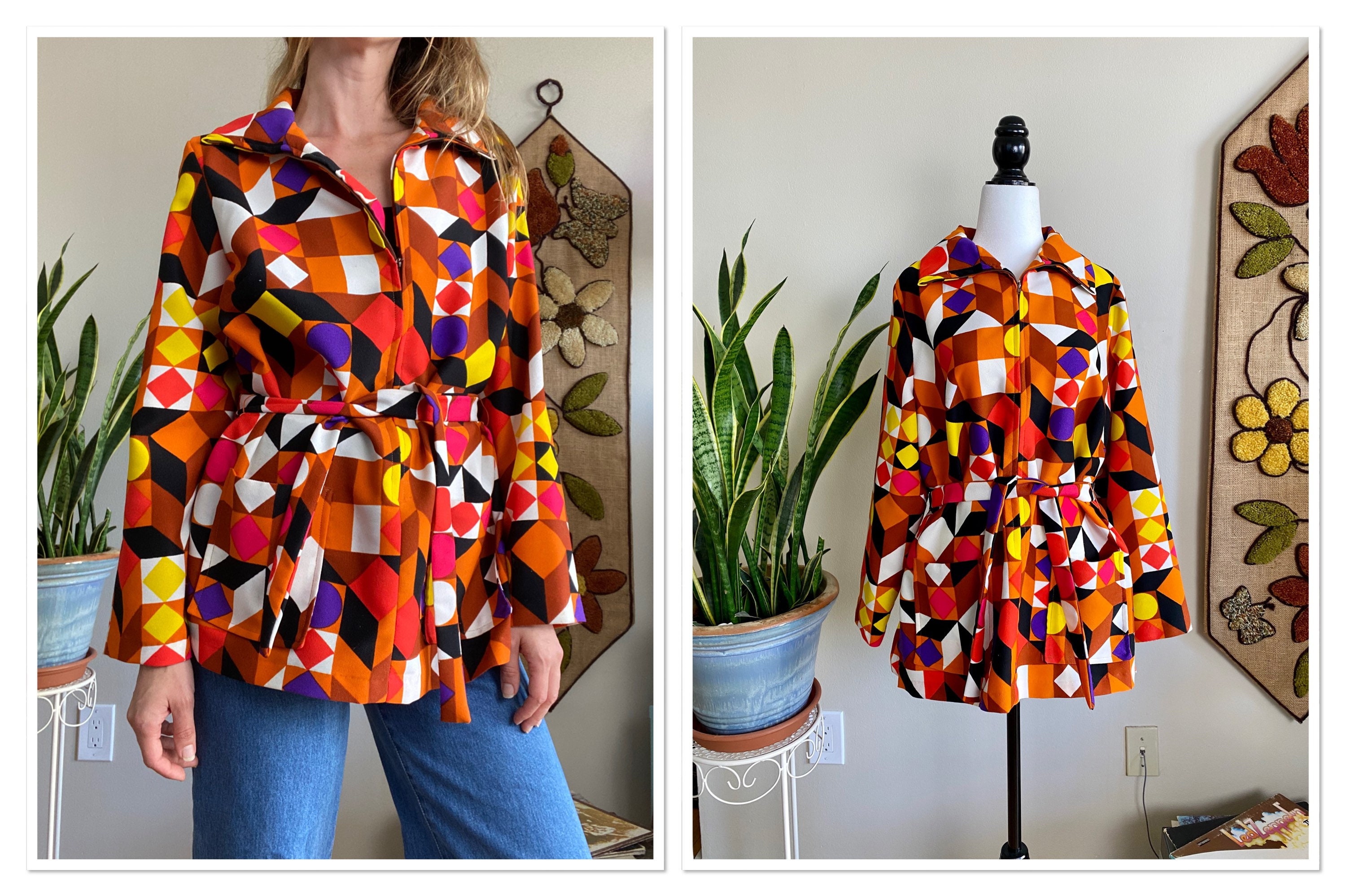 1970s Orange/Multicolour Geometric Print Zip Up Jacket | Etsy