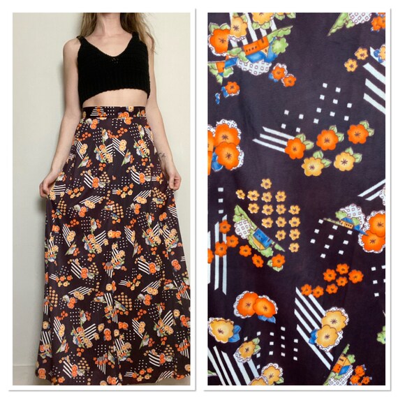 1970s Maxi Skirt in Mixed Floral Print Brown Yello