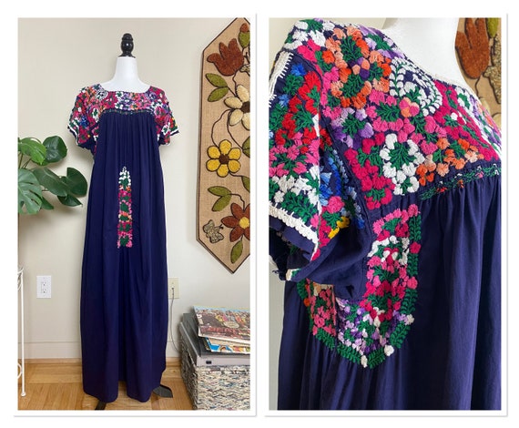 Vintage Navy Blue Cotton Hand Embroidered Mexican