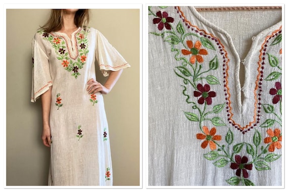 1960s Made in India Embroidered Gauze Maxi Dress w