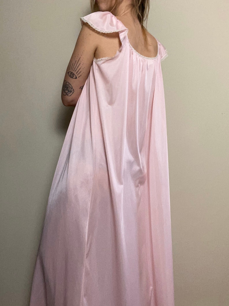 1970s Pink Maxi Nightgown with Pearl Beading and Flutter Sleeves