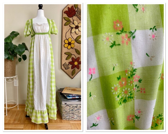 1970s Handmade Prairie Dress Eyelet and Green Ging