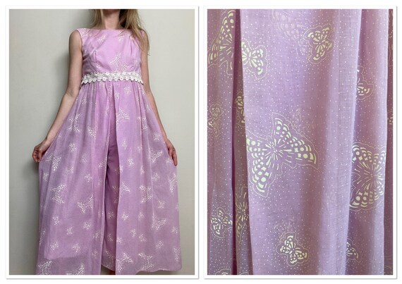 Vintage 1960s Lavender Butterfly Print Wide Leg Ju