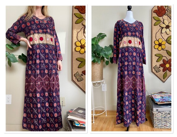 1970s Indian Long Sleeve Maxi Dress with Mirror De