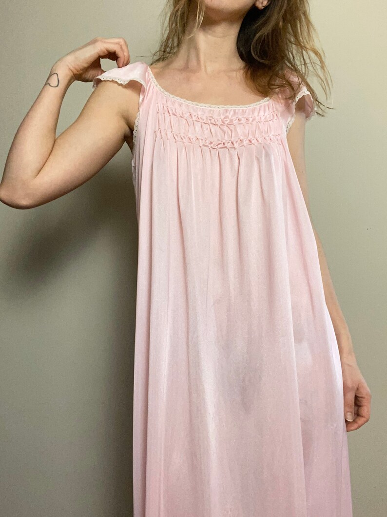 1970s Pink Maxi Nightgown with Pearl Beading and Flutter Sleeves