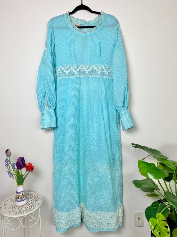 1970s Light Blue Mexican Pintuck Long Sleeve Maxi… - image 4