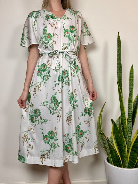 1970s Deadstock Ina Carol Green Floral Midi Dress - image 2