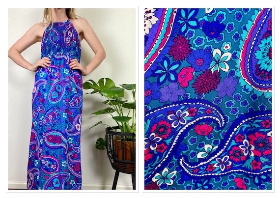 1960s Blue Paisley Halter Maxi Dress 1960s Blue Paisley Halter Maxi Dress