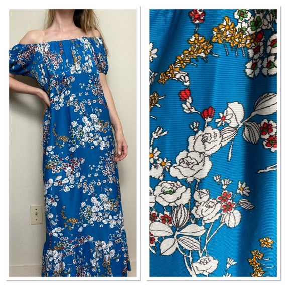 1970s Off the Shoulder Blue Floral Maxi Dress - image 1