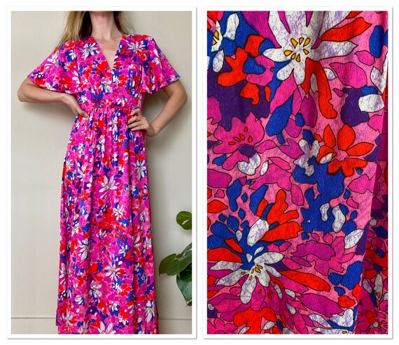 Vintage 1970s Flutter Sleeve Pink Floral Maxi Dres