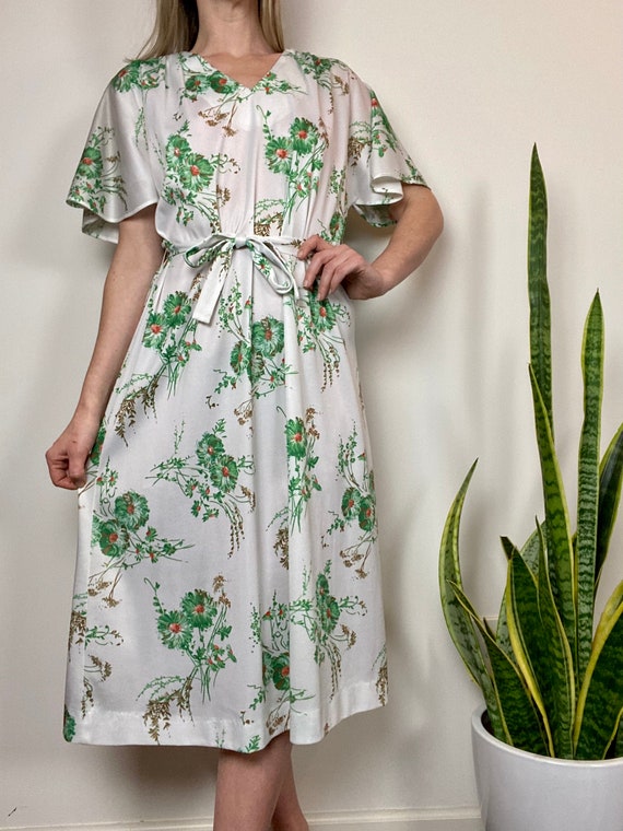 1970s Deadstock Ina Carol Green Floral Midi Dress - image 5