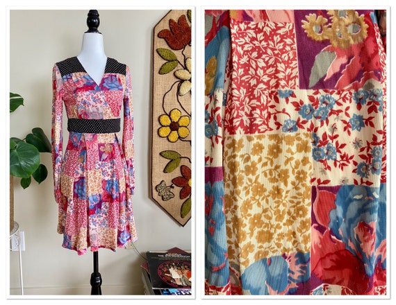 1970s Petite Patchwork Print Long Sleeve Mini Dres