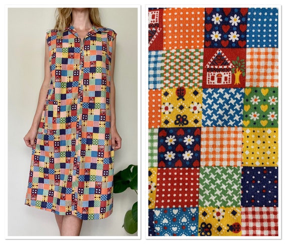 Vintage 1970s Patchwork Print Zip Up Sleeveless Dr