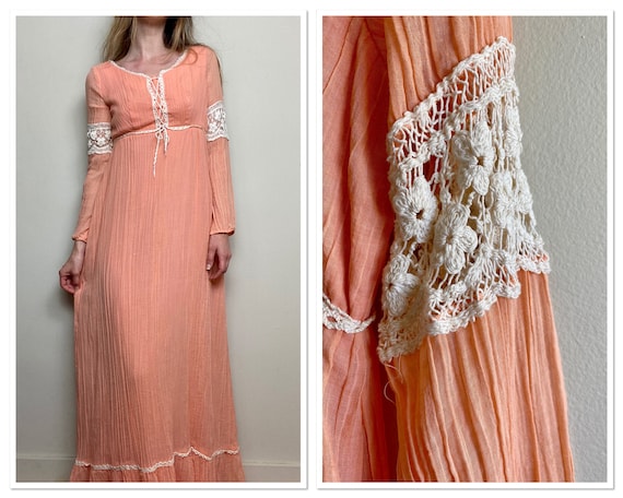 Vintage 1970s Peach Gauze Prairie Dress