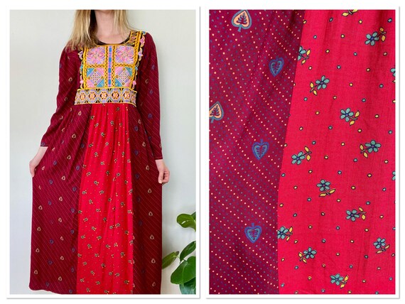 Vintage 1970s Folk Afghan Embroidered Red Maxi Dre