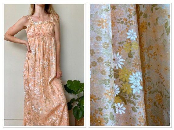 Vintage 1970s Peach Floral Prairie Maxi Dress