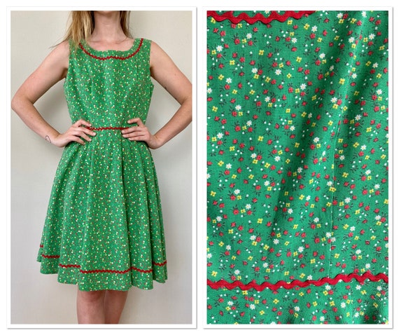 Vintage 1970 Green and Red Calico Floral Summer Dr