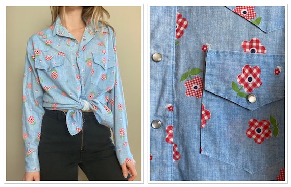 1970s Chambray Pearl Snap Button Up with Gingham F
