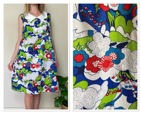 Vintage 1960s Psychedelic Print Collared Dress Lar