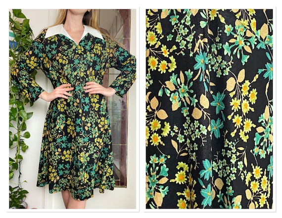 1970s Black Floral Print Midi with Oversized Coll… - image 1