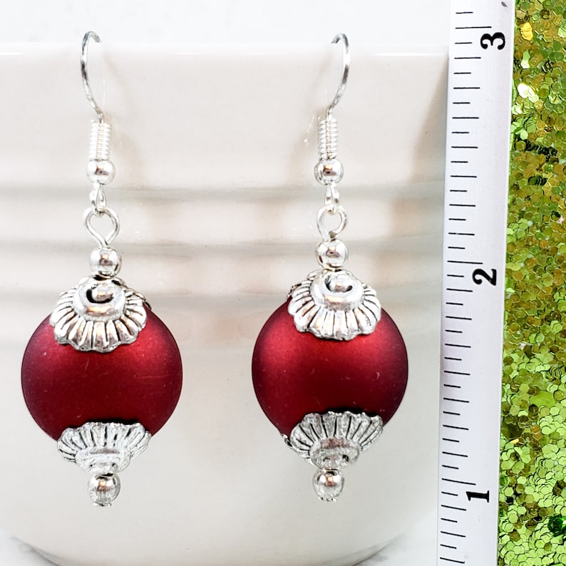 Matte Red and Silver Clamshell Dangle Earrings
