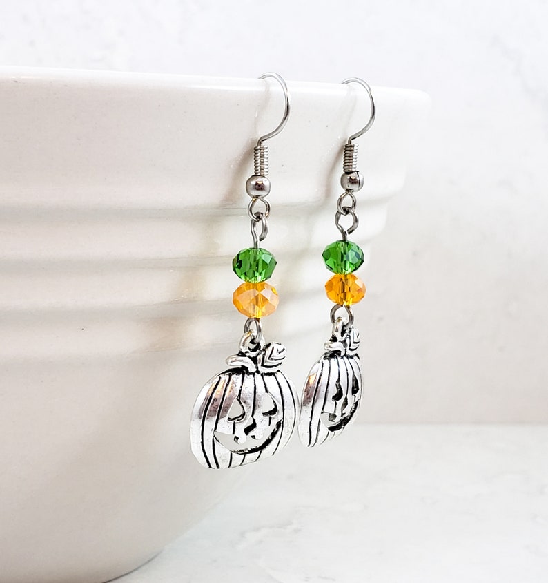 Green and Silver Jack-O-Lantern Dangle Earrings Jack-O-Lantern Dangle Earrings Pumpkin Drop Earrings Orange Halloween Earrings