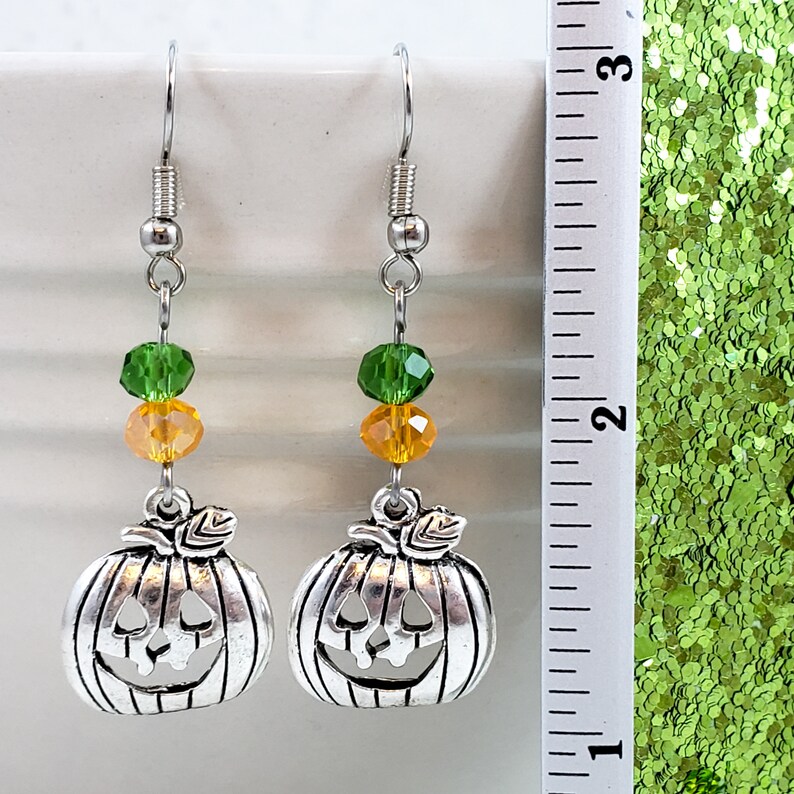 Green and Silver Jack-O-Lantern Dangle Earrings Jack-O-Lantern Dangle Earrings Pumpkin Drop Earrings Orange Halloween Earrings