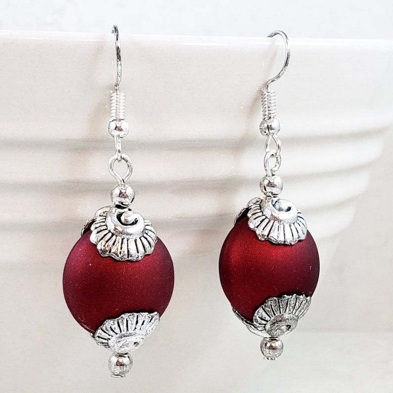 Matte Red and Silver Clamshell Dangle Earrings