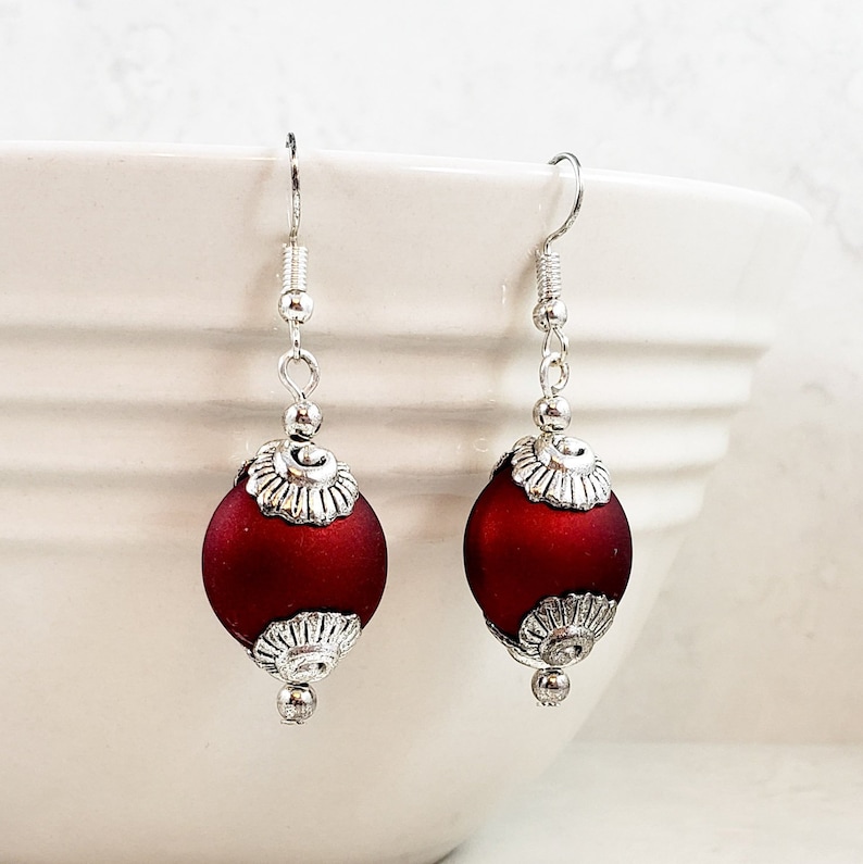 Matte Red and Silver Clamshell Dangle Earrings