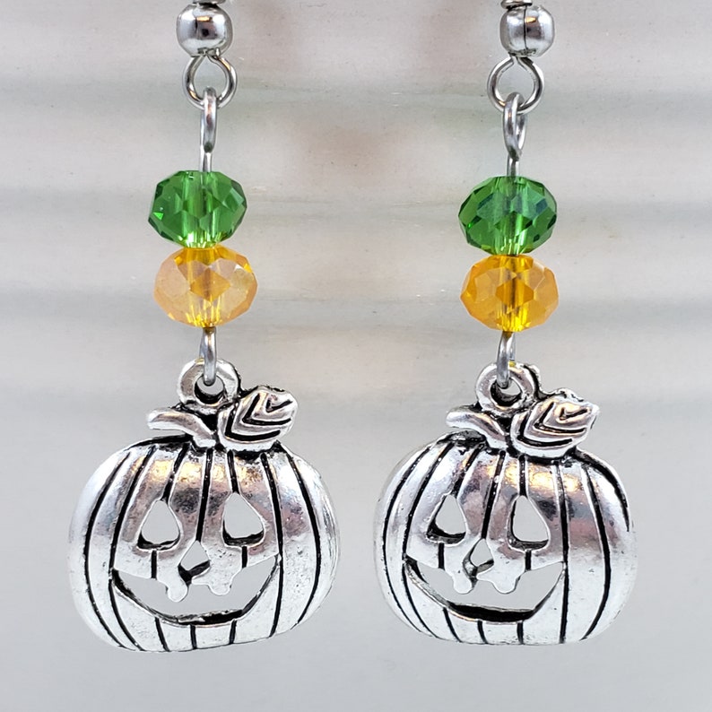 Green and Silver Jack-O-Lantern Dangle Earrings Jack-O-Lantern Dangle Earrings Pumpkin Drop Earrings Orange Halloween Earrings