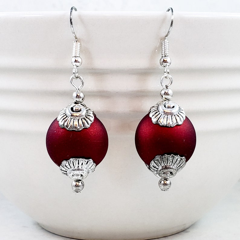 Matte Red and Silver Clamshell Dangle Earrings