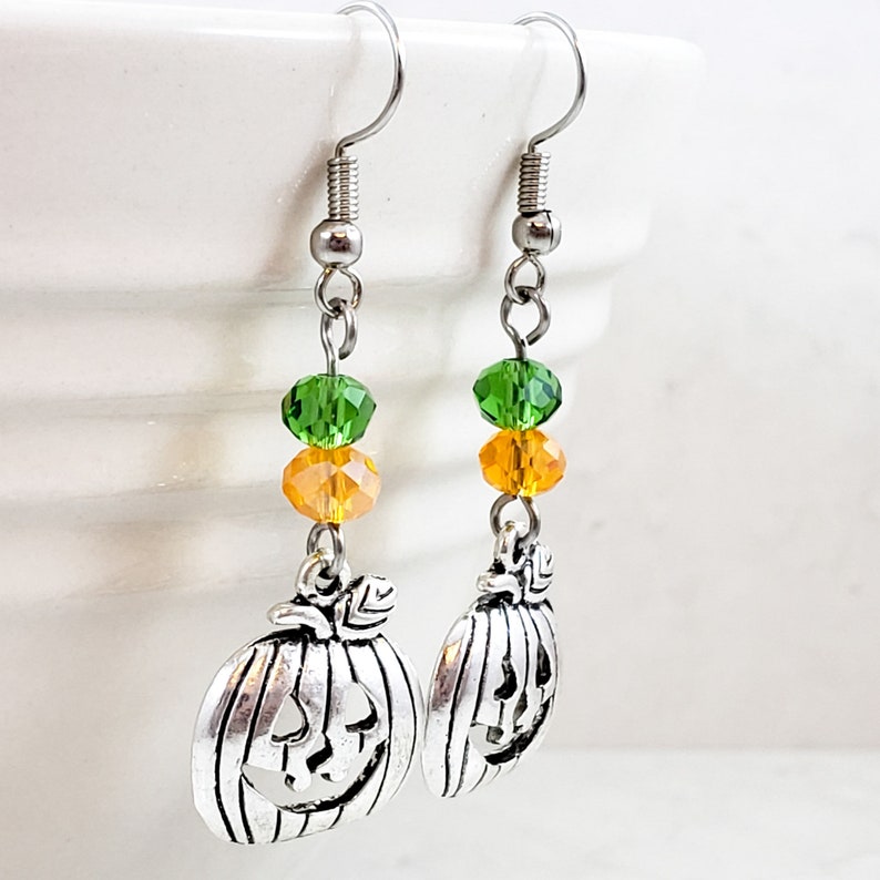 Green and Silver Jack-O-Lantern Dangle Earrings Jack-O-Lantern Dangle Earrings Pumpkin Drop Earrings Orange Halloween Earrings