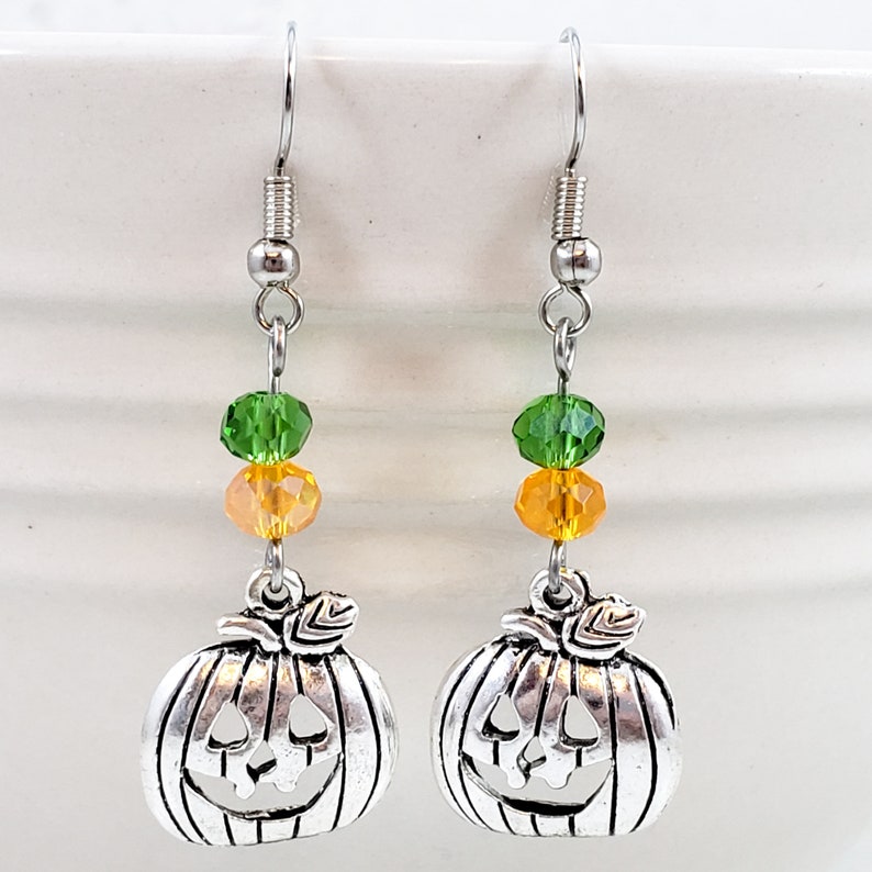 Green and Silver Jack-O-Lantern Dangle Earrings Jack-O-Lantern Dangle Earrings Pumpkin Drop Earrings Orange Halloween Earrings