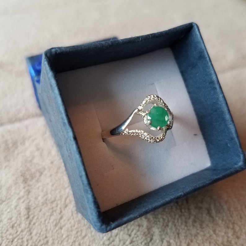 Certified Natural Emerald Ring size 7 Round Calibrated 5mm Emerald set in a Fancy Sterling Silver Ring Setting Lab Tested .55cts