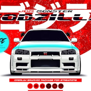 May include: A white Nissan Skyline GT-R with a blue and white paint job. The car is in front of a red and white background with the text "JDM MONSTER GODZILLA" in black. The text "GET FREE scene transition inside the pack" is in a blue circle. The text "OVERLAY GRAPHIC PACKAGE FOR STREAMING" is in black at the bottom of the image.