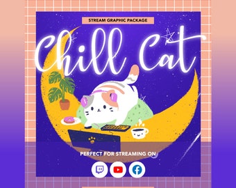 full animated  Chill cat stream overlay package. Customizable, pastel, cute, galaxy, cat, chill.